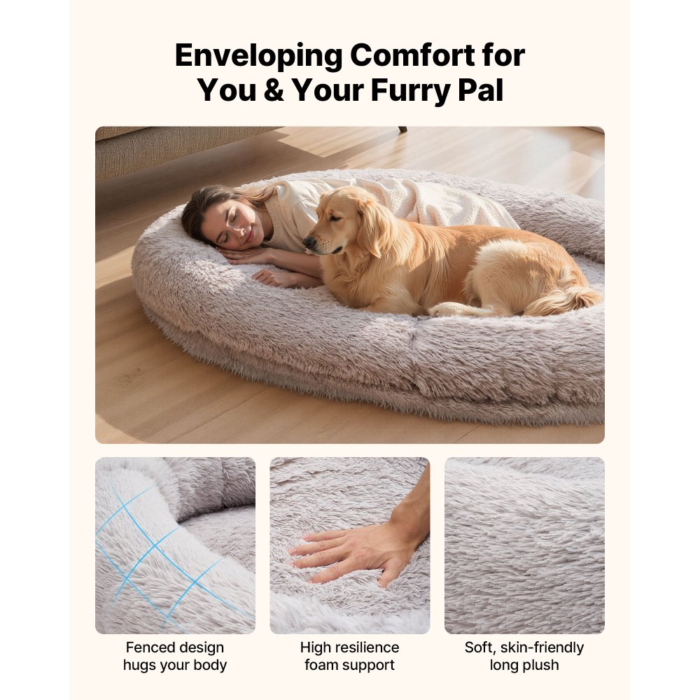 VEVOR Hondenmand voor mens en hond, 176x122x24 cm, Hondenmand van traagschuim op mensenformaat, met zijvak, handvat en ritssluiting, afneembare, machinewasbare hoes, hoogpolig, grijs