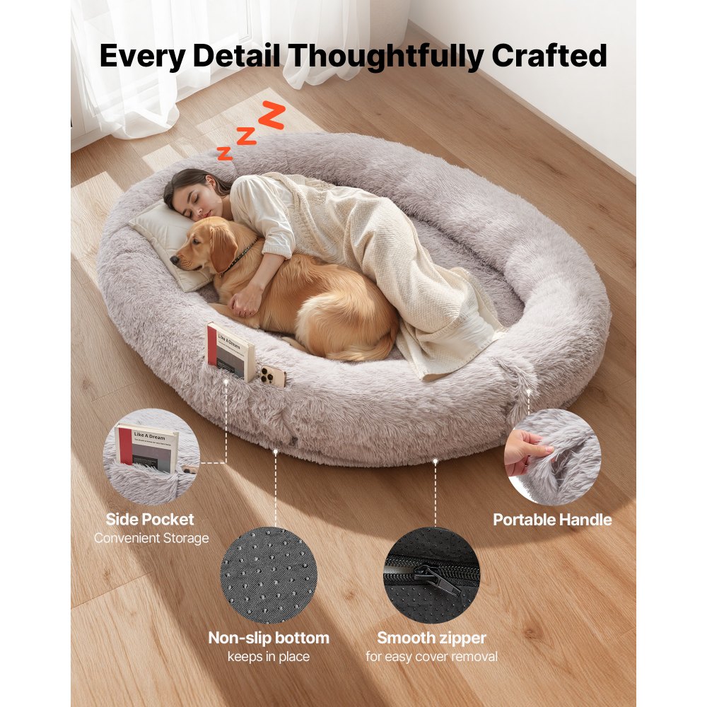 VEVOR Hondenmand voor mens en hond, 176x122x24 cm, Hondenmand van traagschuim op mensenformaat, met zijvak, handvat en ritssluiting, afneembare, machinewasbare hoes, hoogpolig, grijs