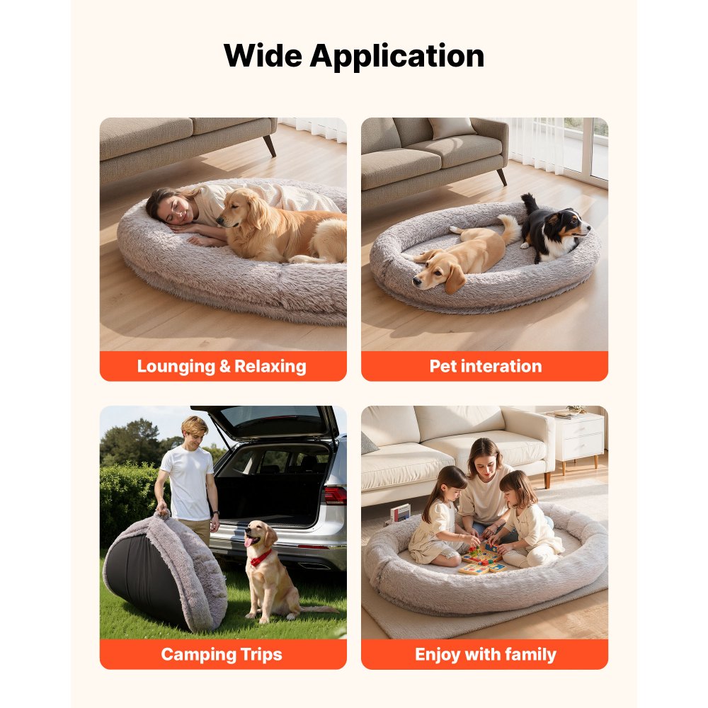 VEVOR Hondenmand voor mens en hond, 176x122x24 cm, Hondenmand van traagschuim op mensenformaat, met zijvak, handvat en ritssluiting, afneembare, machinewasbare hoes, hoogpolig, grijs