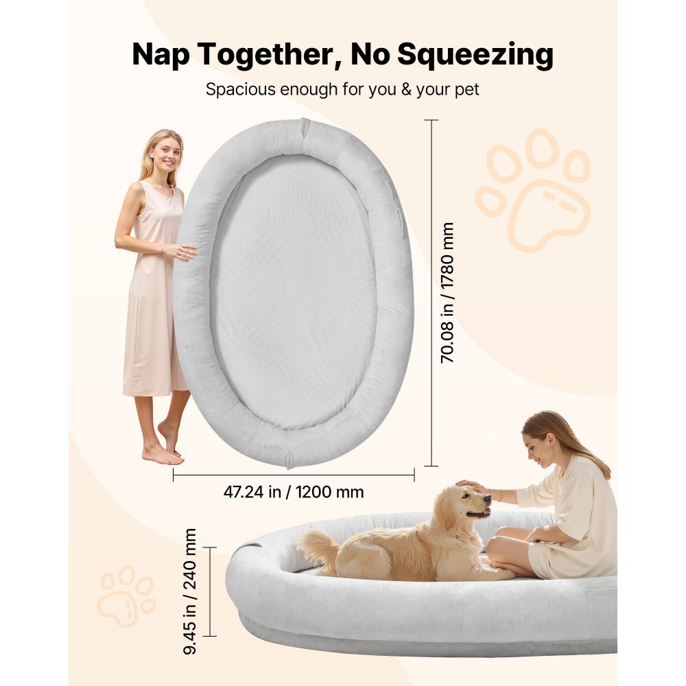 VEVOR Human Dog Bed, 70.08 x 47.24 x 9.45 inch Orthopedic Memory Foam Human Sized Dog Bed, Humans Pet Beds with Side Pocket, Handle & Zipper, Removable Machine-Washable Dogs Beds for Humans, Gray