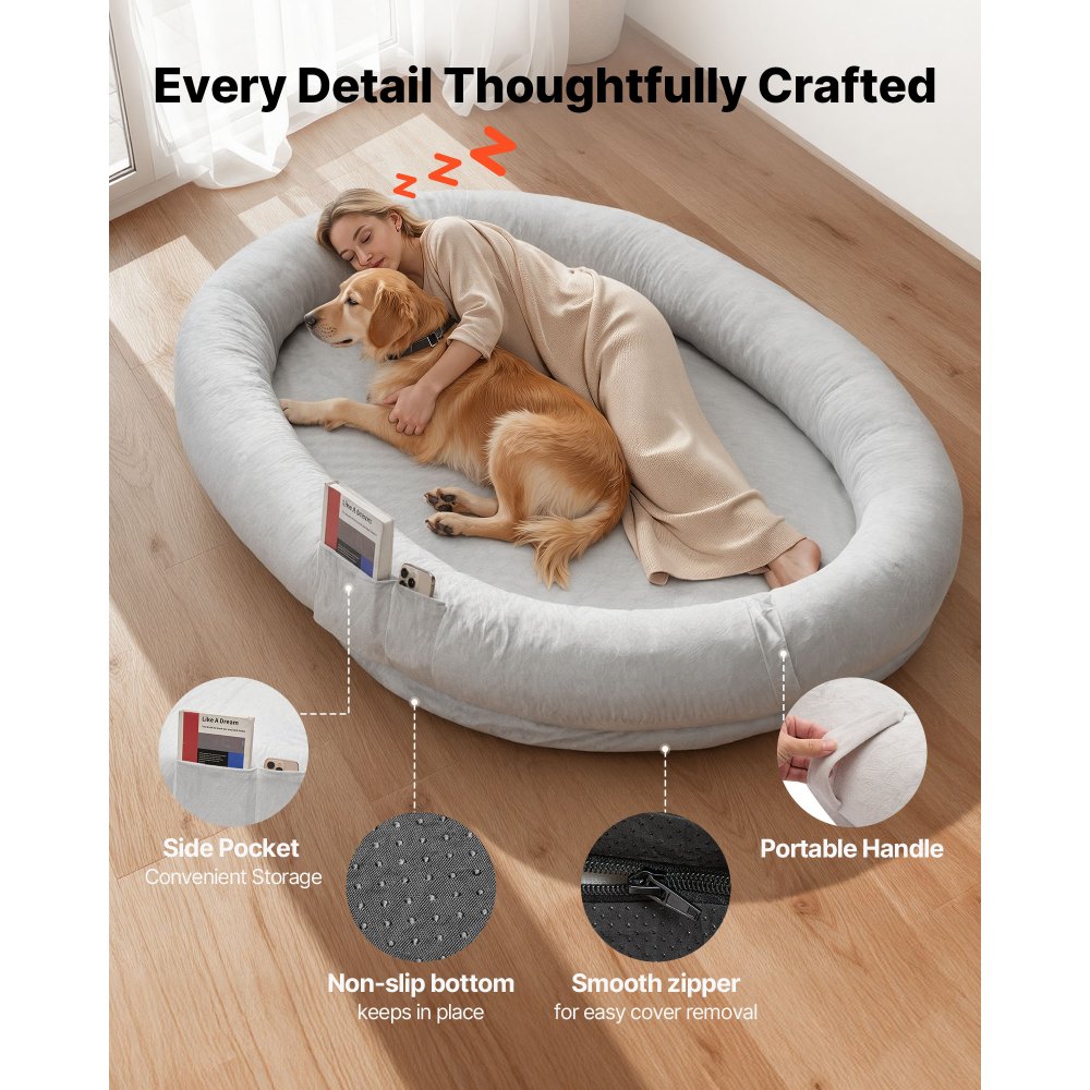 VEVOR Human Dog Bed, 70.08 x 47.24 x 9.45 inch Orthopedic Memory Foam Human Sized Dog Bed, Humans Pet Beds with Side Pocket, Handle & Zipper, Removable Machine-Washable Dogs Beds for Humans, Gray