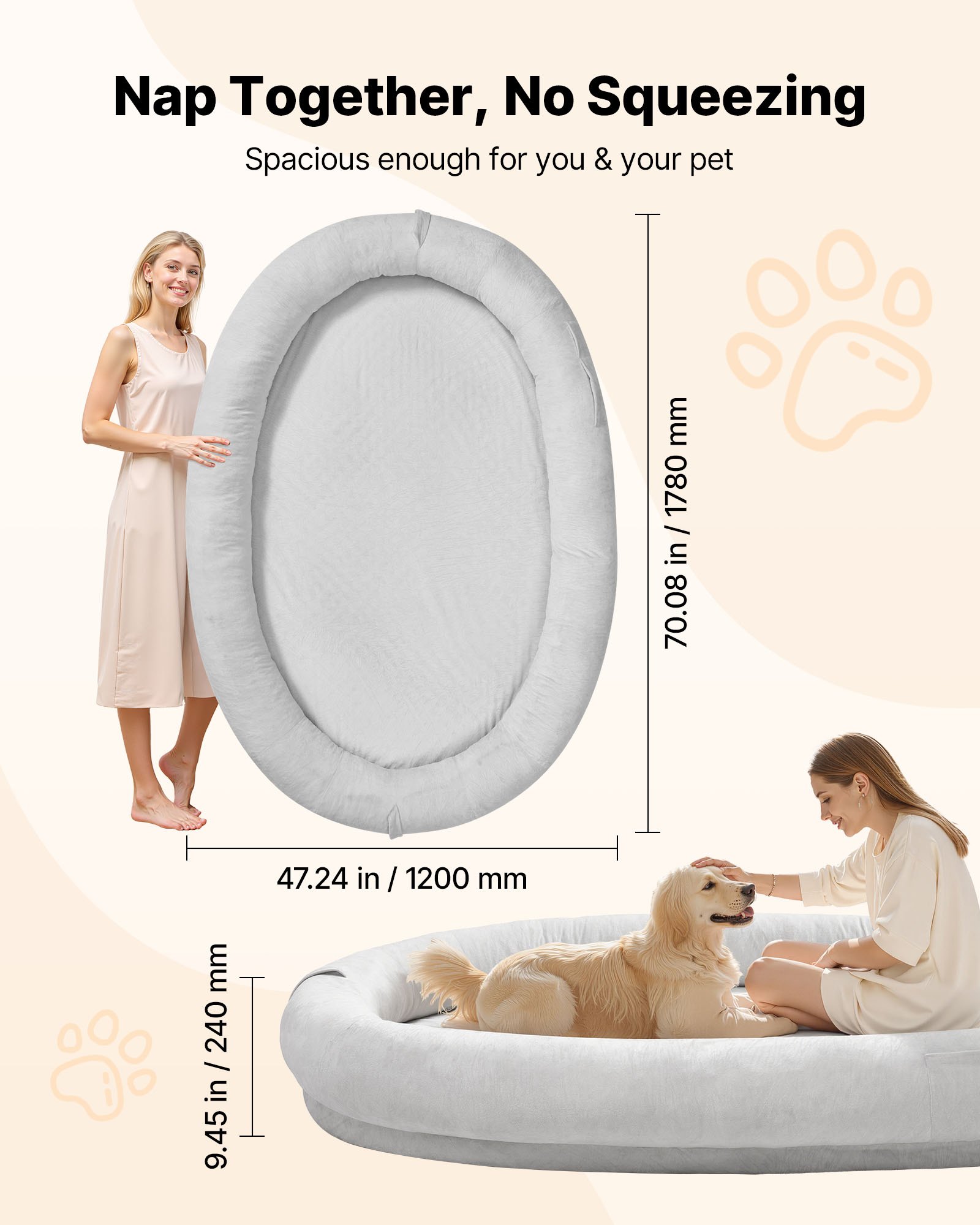 VEVOR Human Dog Bed, 70.08 x 47.24 x 9.45 inch Orthopedic Memory Foam Human Sized Dog Bed, Humans Pet Beds with Side Pocket, Handle & Zipper, Removable Machine-Washable Dogs Beds for Humans, Gray