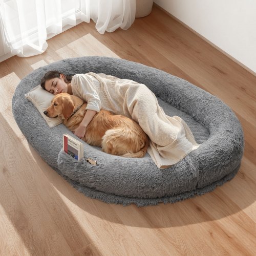 VEVOR Hondenmand voor mens en hond, 174x118x24 cm, Hondenmand van traagschuim op mensenformaat, met zijvak, handvat en ritssluiting, afneembare, machinewasbare hoes, hoogpolig donkergrijs