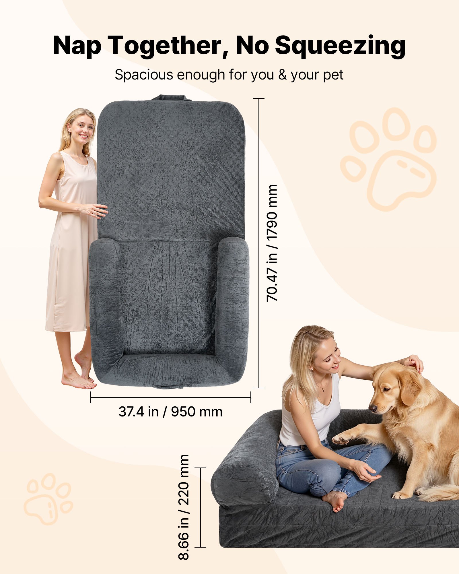 VEVOR Hondenmand voor mens en hond, 179x95x24 cm, Hondenmand van traagschuim op mensenformaat, met zijvak, handvat en ritssluiting, afneembare, machinewasbare hoes, kortpolig, donkergrijs