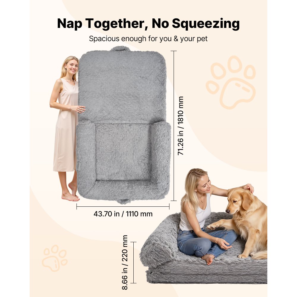 VEVOR Hondenmand voor mens en hond, 181x111x24cm, Hondenmand van traagschuim op mensenformaat, met zijvak, handvat en ritssluiting, afneembare, machinewasbare hoes, hoogpolig, donkergrijs