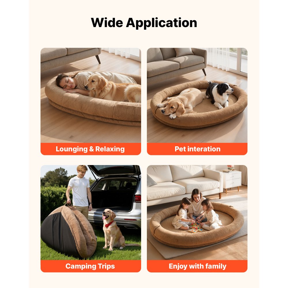 VEVOR Human Dog Bed, 69.69 x 48.43 x 9.45 inch Orthopedic Memory Foam Human Sized Dog Bed, Humans Pet Beds with Side Pocket, Handle & Zipper, Removable Machine-Washable Dogs Beds for Humans, Brown