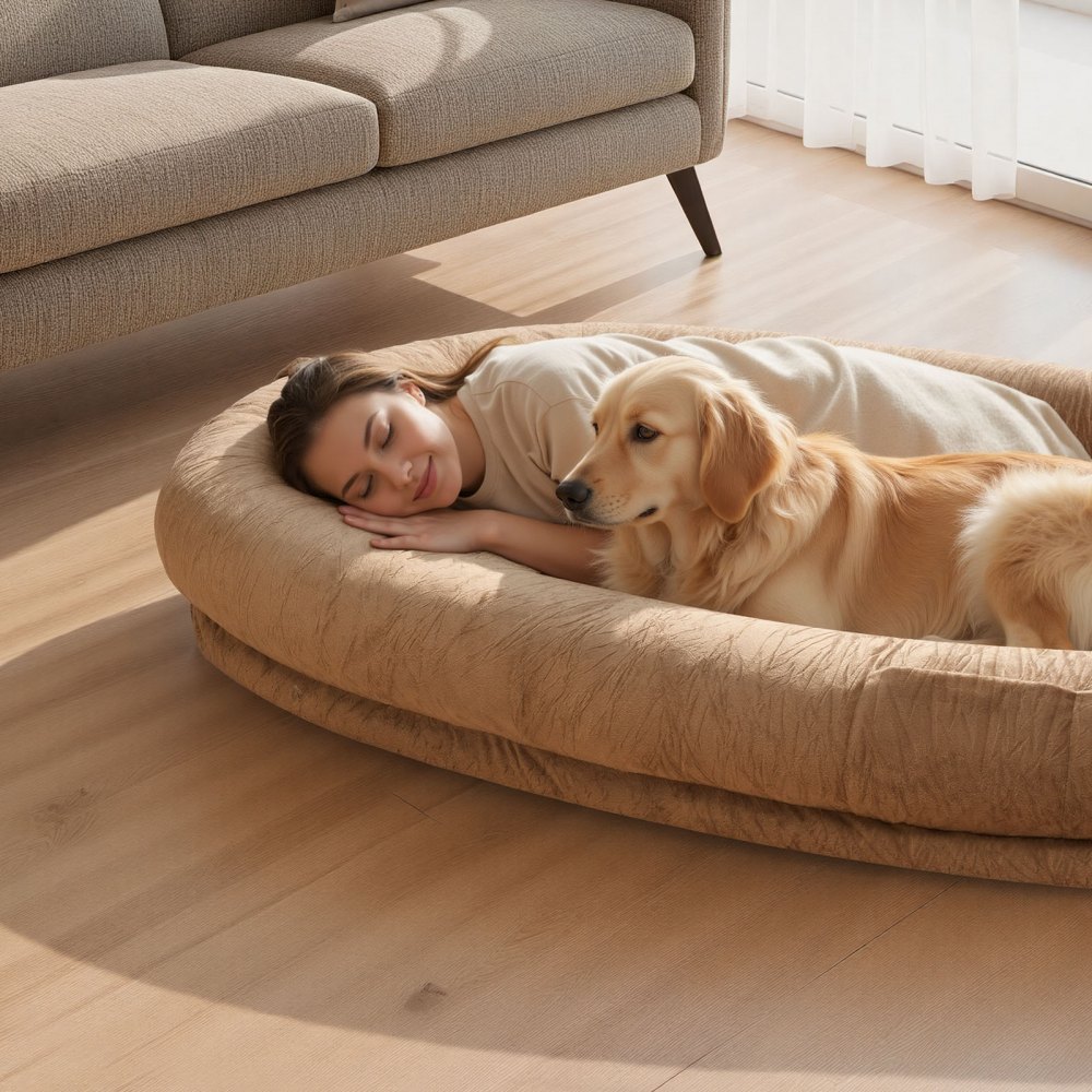 VEVOR Human Dog Bed, 69.69 x 48.43 x 9.45 inch Orthopedic Memory Foam Human Sized Dog Bed, Humans Pet Beds with Side Pocket, Handle & Zipper, Removable Machine-Washable Dogs Beds for Humans, Brown