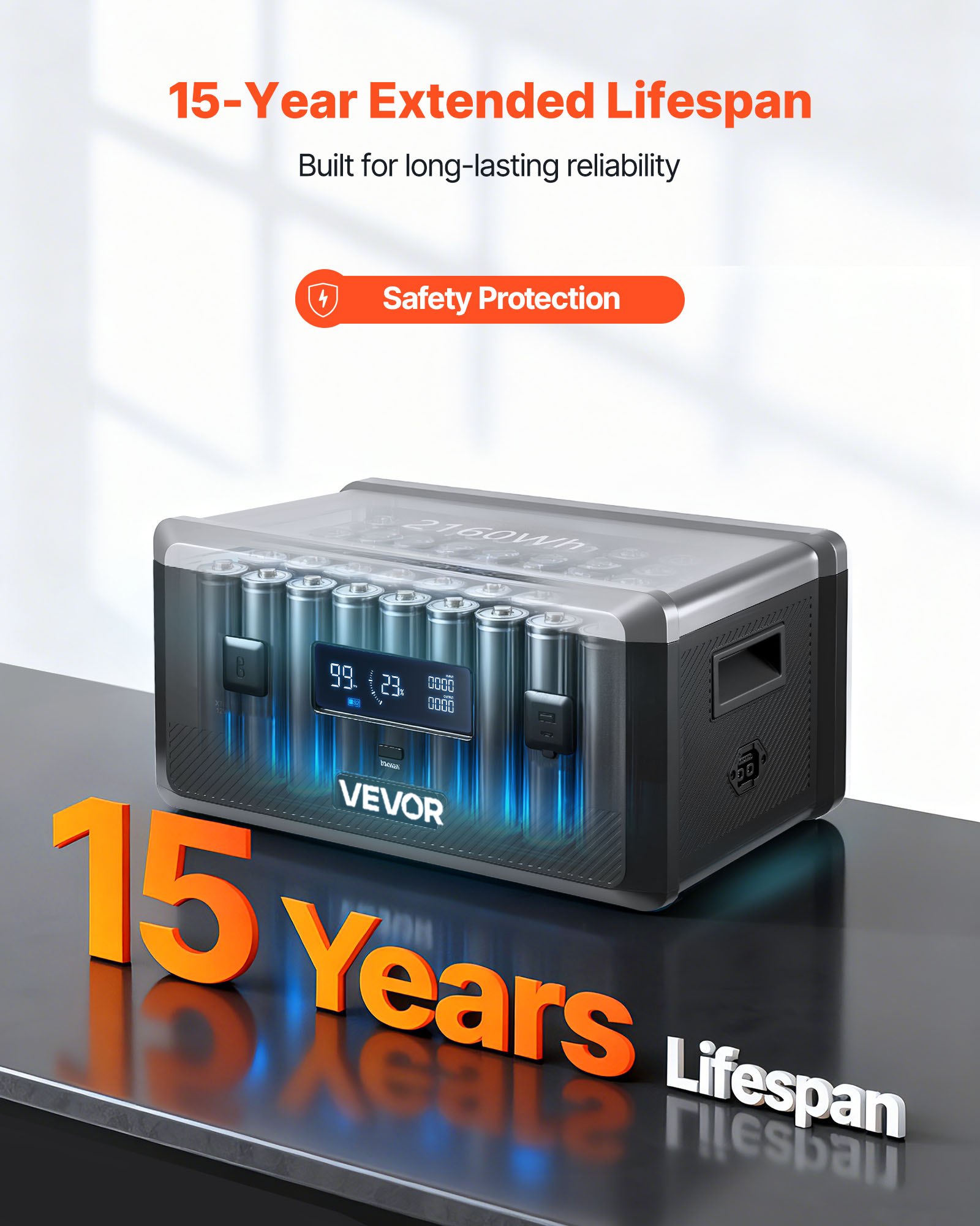 VEVOR extra accu voor draagbare powerstation, 2160 Wh LiFePO4 uitbreidingsaccu met 3 poorten, voor thuis, kamperen, roadtrips, campers en noodgevallen (Powerstation en zonnepaneel NIET inbegrepen)