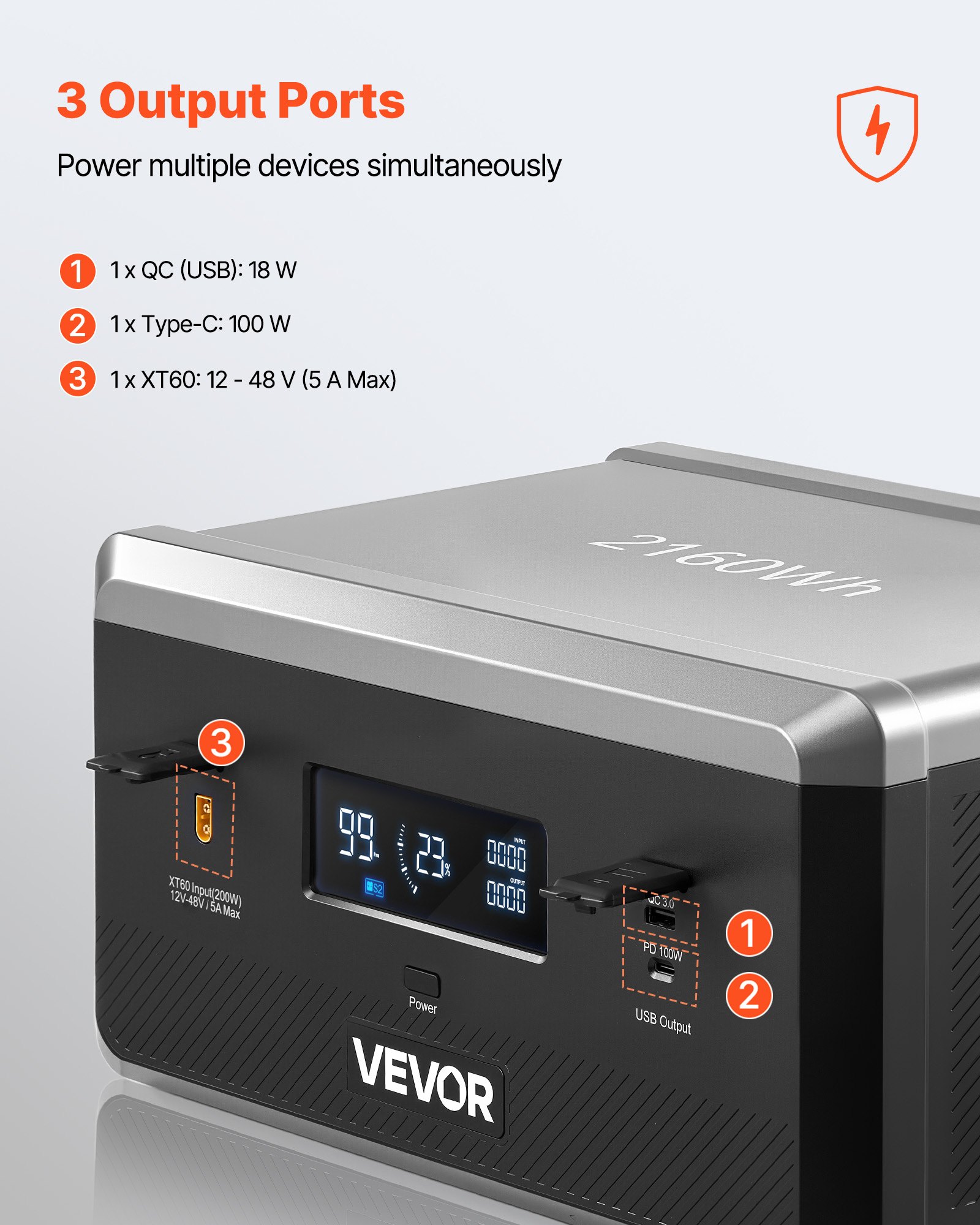 VEVOR extra accu voor draagbare powerstation, 2160 Wh LiFePO4 uitbreidingsaccu met 3 poorten, voor thuis, kamperen, roadtrips, campers en noodgevallen (Powerstation en zonnepaneel NIET inbegrepen)