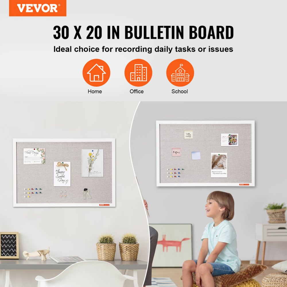 VEVOR 30"x20" Wit Kurkbord met Linnen Oppervlak - Stijlvol Wandgemonteerd Prikbord voor Thuis, School, Kantoor - Elegant en Functioneel Prikbord