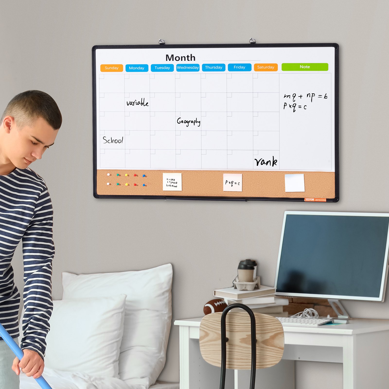 VEVOR 36" x 24" Maandelijkse Kalender Whiteboard en Prikbord Combo met Aluminium Frame - 2-in-1 Magnetisch Droog Uitwisbaar Prikbord voor Wandmontage - Ideaal voor School, Thuis, Kantoor