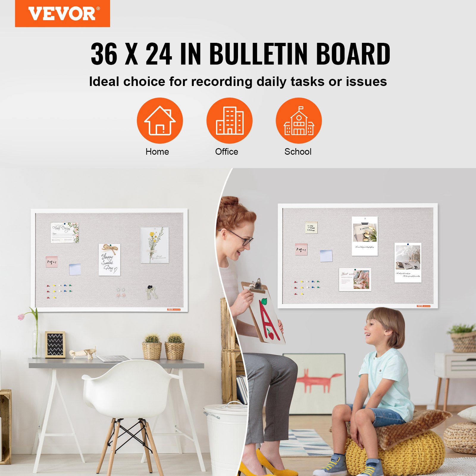 VEVOR 36"x24" Wit Kurkbord met Linnen Oppervlak - Stijlvol Wandgemonteerd Prikbord voor Thuis, School, Kantoor - Elegant en Functioneel Prikbord