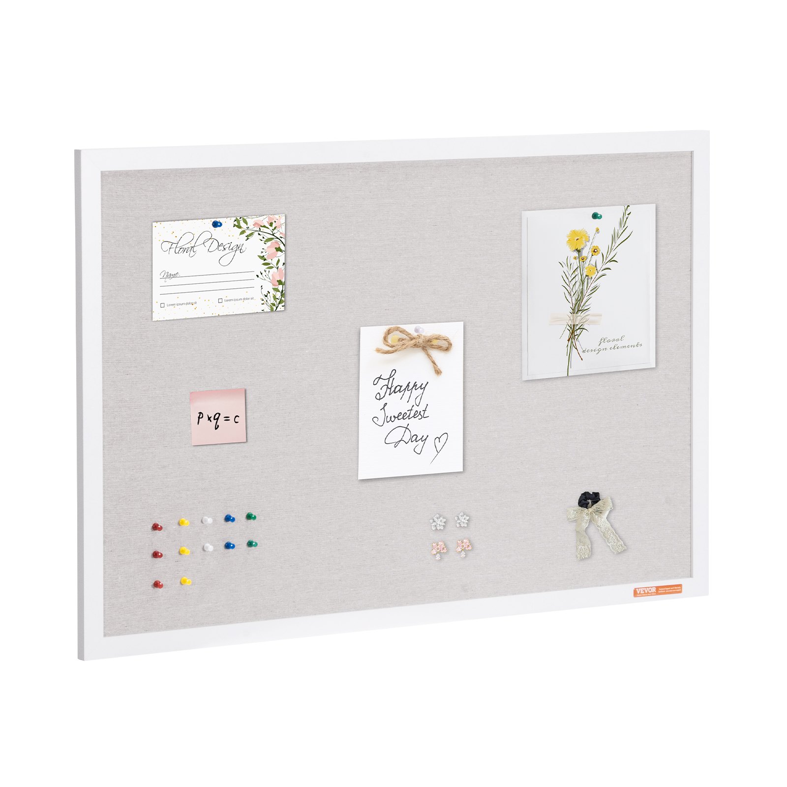 VEVOR 36"x24" Wit Kurkbord met Linnen Oppervlak - Stijlvol Wandgemonteerd Prikbord voor Thuis, School, Kantoor - Elegant en Functioneel Prikbord