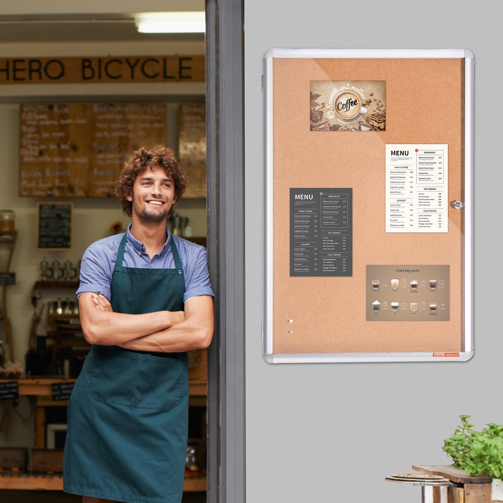 VEVOR 36"x24" gesloten kurkbord met aluminium frame - afsluitbaar prikbord met acryl deur en 2 sleutels - weerbestendige wanddisplay voor school, thuis, kantoor