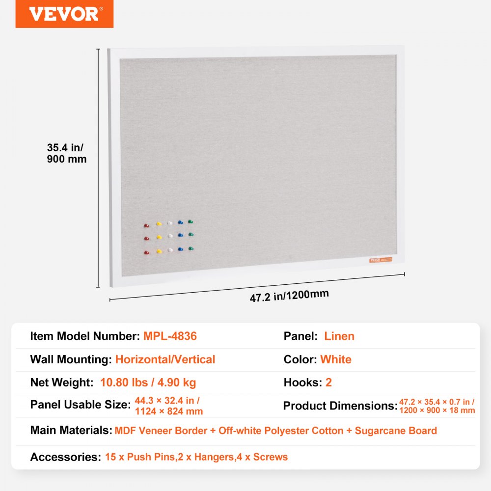 VEVOR 48"x36" Wit Kurkbord met Linnen Oppervlak - Stijlvol Wandgemonteerd Prikbord voor Thuis, School, Kantoor - Elegant en Functioneel Prikbord