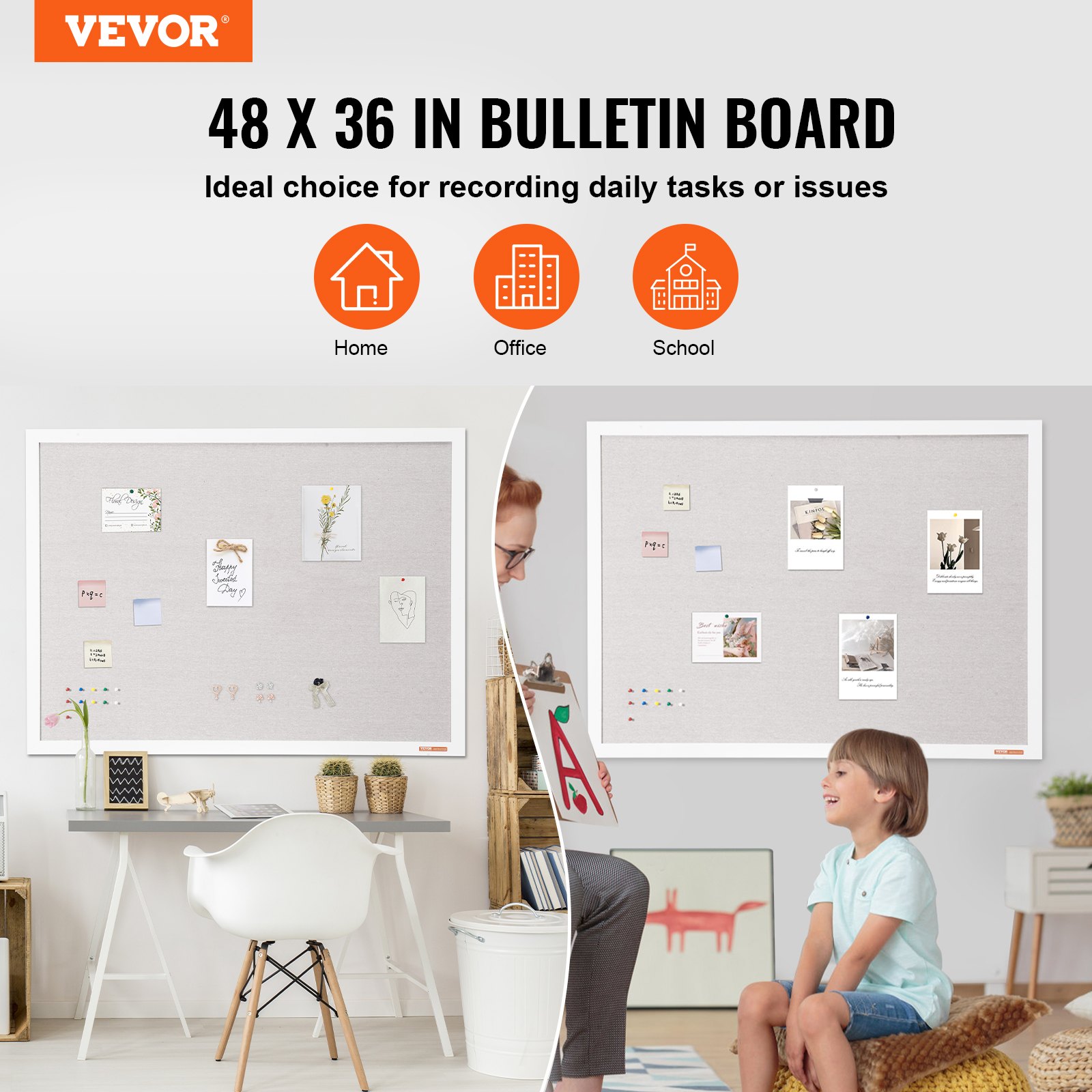 VEVOR 48"x36" Wit Kurkbord met Linnen Oppervlak - Stijlvol Wandgemonteerd Prikbord voor Thuis, School, Kantoor - Elegant en Functioneel Prikbord