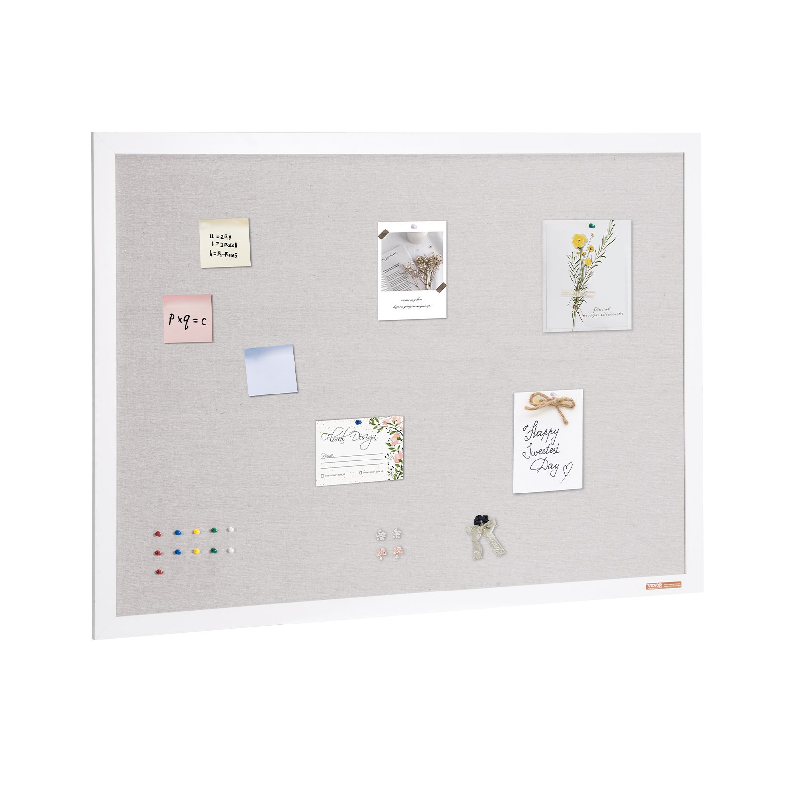 VEVOR 48"x36" Wit Kurkbord met Linnen Oppervlak - Stijlvol Wandgemonteerd Prikbord voor Thuis, School, Kantoor - Elegant en Functioneel Prikbord