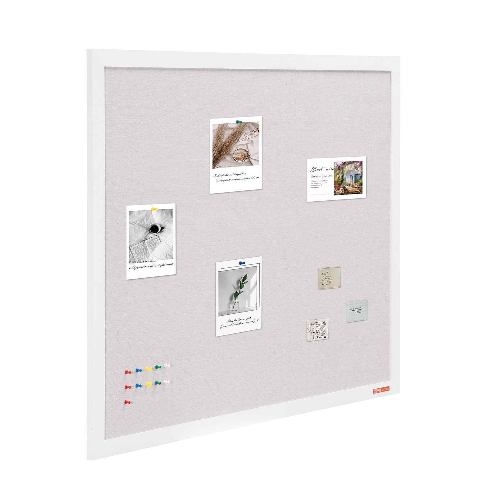 VEVOR 48"x36" Wit Kurkbord met Linnen Oppervlak - Stijlvol Wandgemonteerd Prikbord voor Thuis, School, Kantoor - Elegant en Functioneel Prikbord