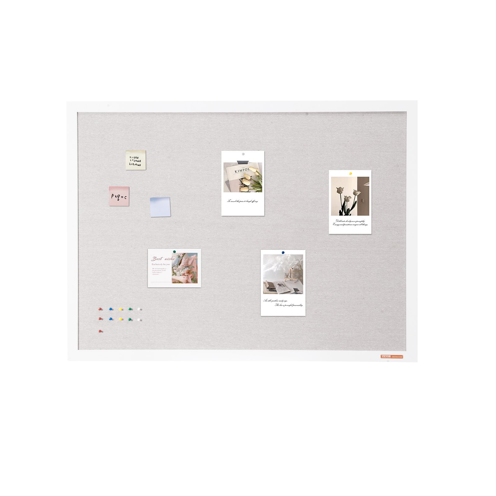 VEVOR 48"x36" Wit Kurkbord met Linnen Oppervlak - Stijlvol Wandgemonteerd Prikbord voor Thuis, School, Kantoor - Elegant en Functioneel Prikbord