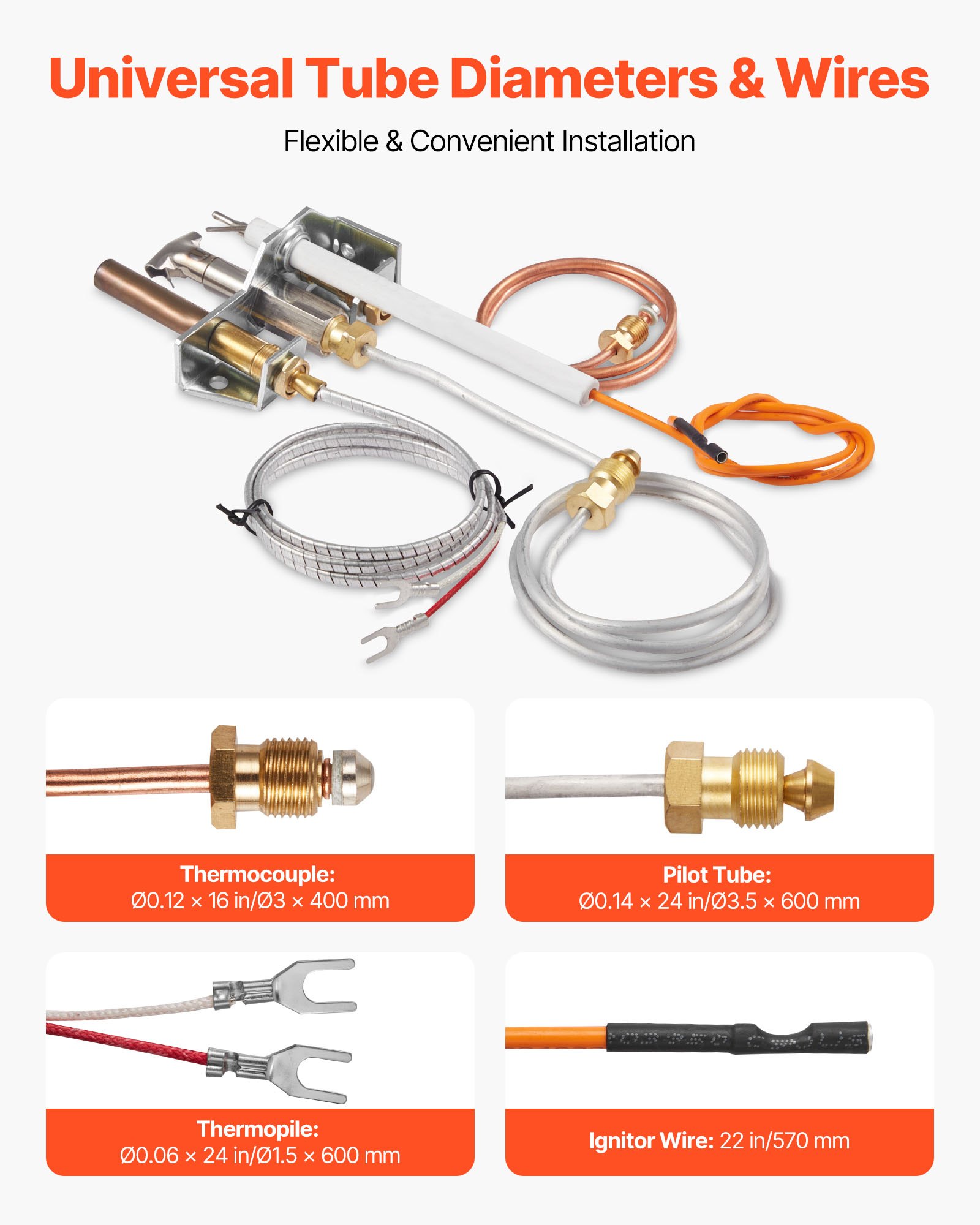 VEVOR Gas Pilot Assembly, OE 4021-732, 25660 Fireplace Gas Pilot Assembly, Natural Gas Ignition Replacement with Pilot Tube, Thermocouple, Thermopile, Wires, Compatible with Heatilator Models