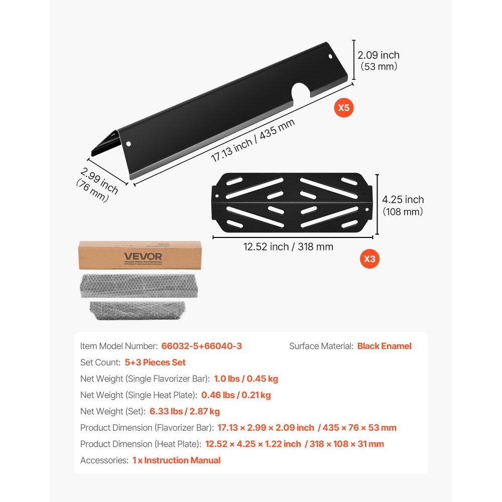 VEVOR 5 Flavorizer Bars (435 mm) + 3 Verwarmingsplaten (318 mm), Flavor Rails Vlamverdeler voor Weber Genesis ll 310 315 335 340, E/S 325s, ES/SX 325s, E/S 335, EX/SX/EPX-335 Grills, Dikkere Verwarmingsplaat