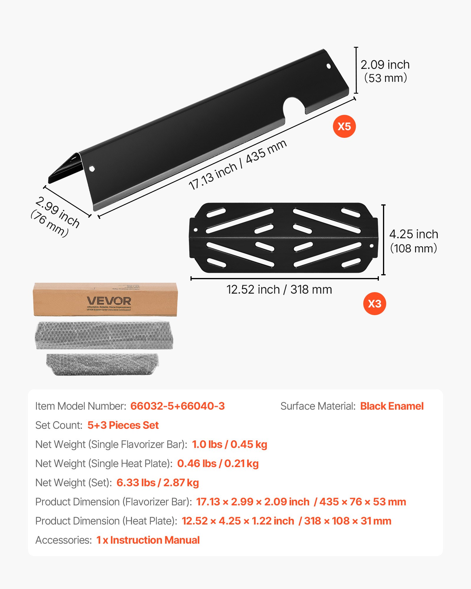 VEVOR 5 Flavorizer Bars (435 mm) + 3 Verwarmingsplaten (318 mm), Flavor Rails Vlamverdeler voor Weber Genesis ll 310 315 335 340, E/S 325s, ES/SX 325s, E/S 335, EX/SX/EPX-335 Grills, Dikkere Verwarmingsplaat