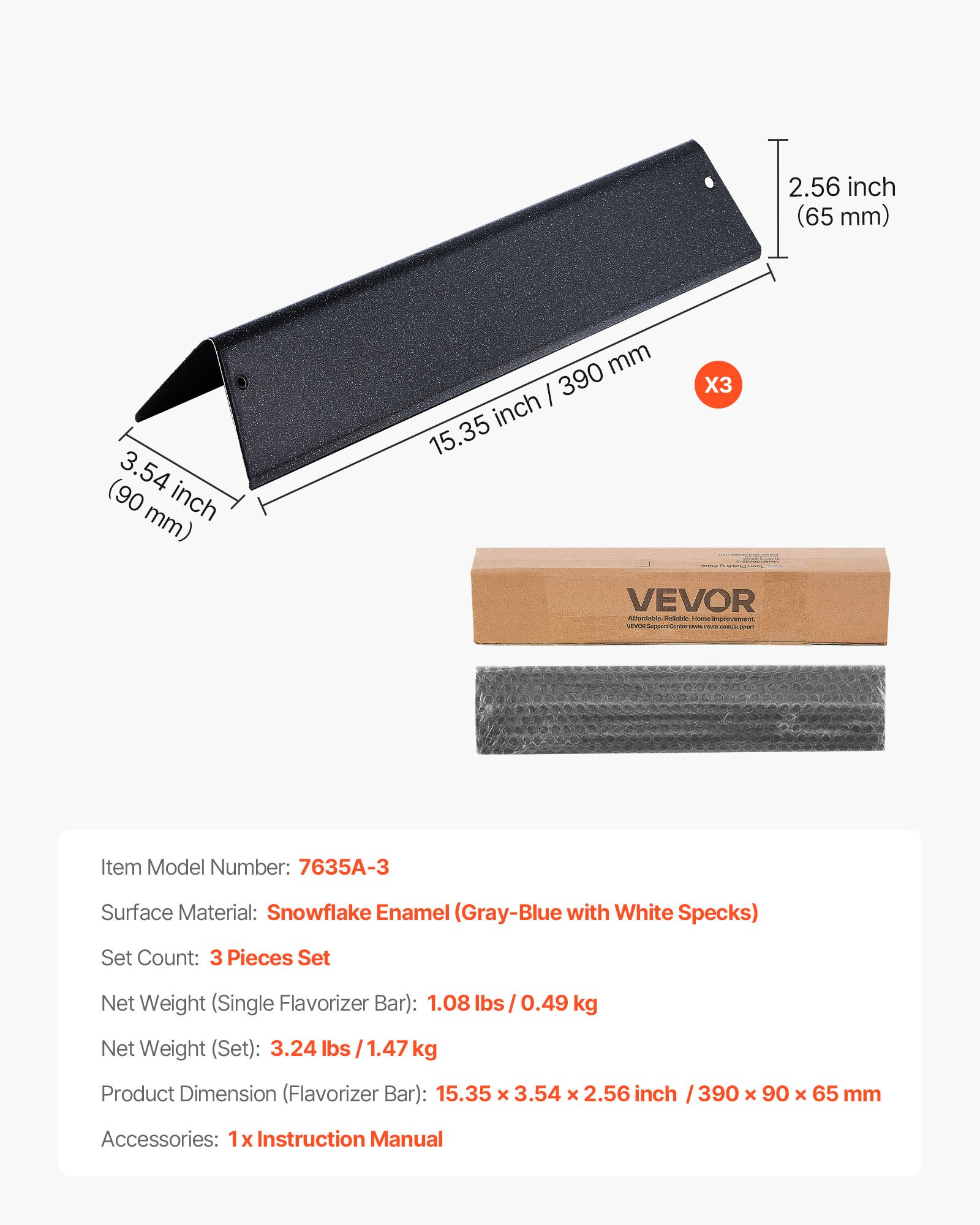 VEVOR 3 Flavorizer Bars Aroma Rails Vlamverdeler (geëmailleerd porseleinstaal) voor grills (Weber Spirit I II 200-serie), inclusief Spirit II E-210, II E-220, II S-210, E-210, S-210