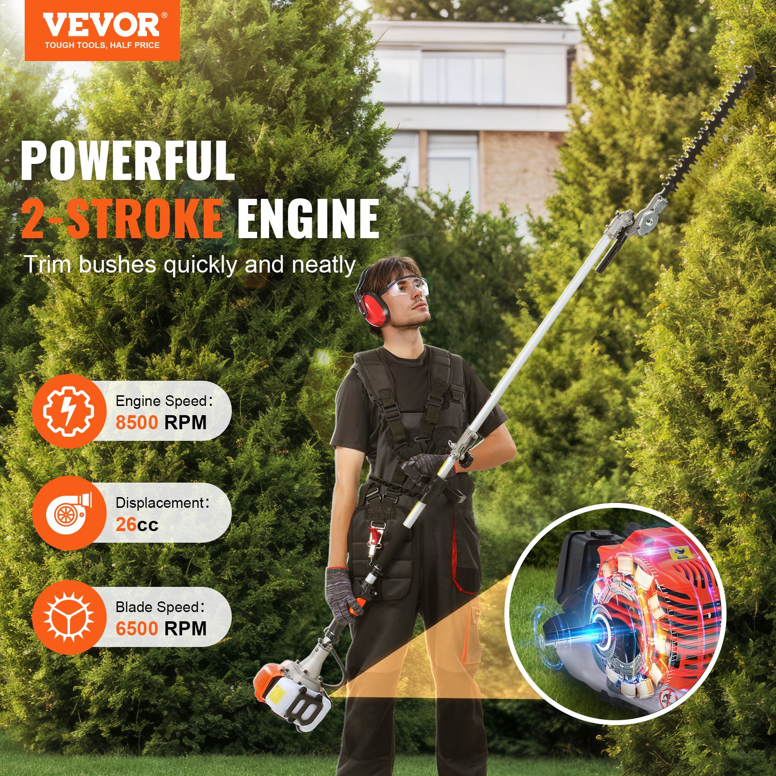 VEVOR 6-in-1 Multi-Functional Trimming Tools Gas Hedge Trimmer 26CC Weed Eater
