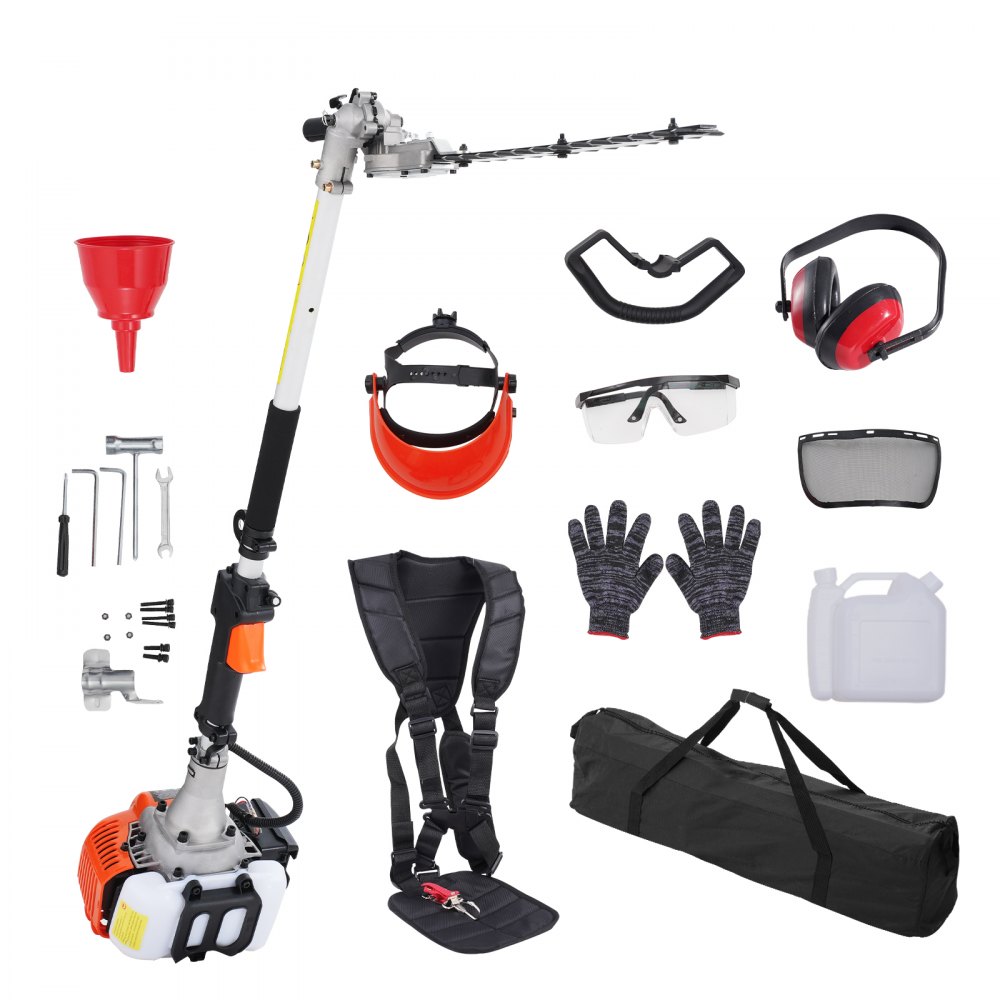 VEVOR gas hedge trimmer kit with accessories: gloves, goggles, fuel can, funnel, harness, and tools.