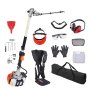 VEVOR gas hedge trimmer kit with accessories: gloves, goggles, fuel can, funnel, harness, and tools.