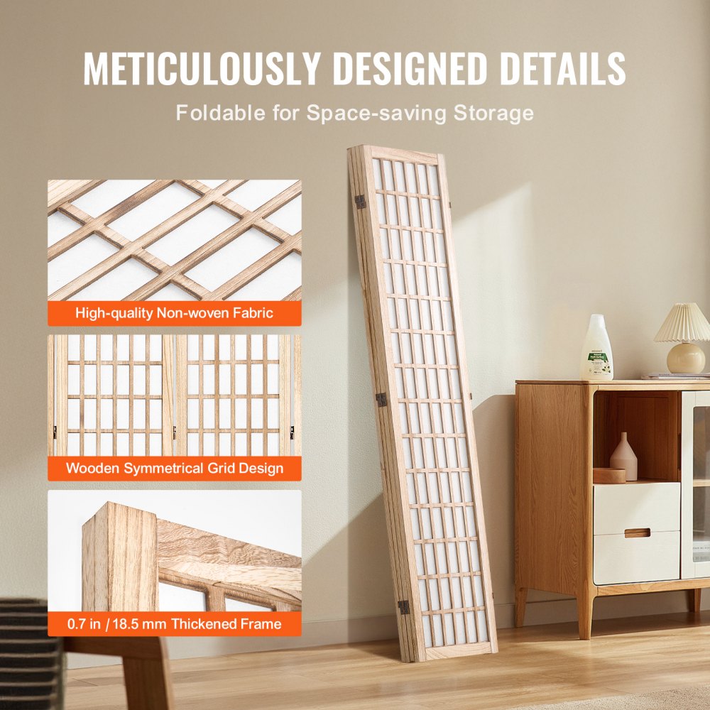 VEVOR Room Divider 4-delig Japans privacyscherm, opvouwbaar scherm, draagbaar decoratief scherm voor kamerafscheiding, roomdivider geschikt voor kantoor, restaurant, slaapkamer (natuurlijk)