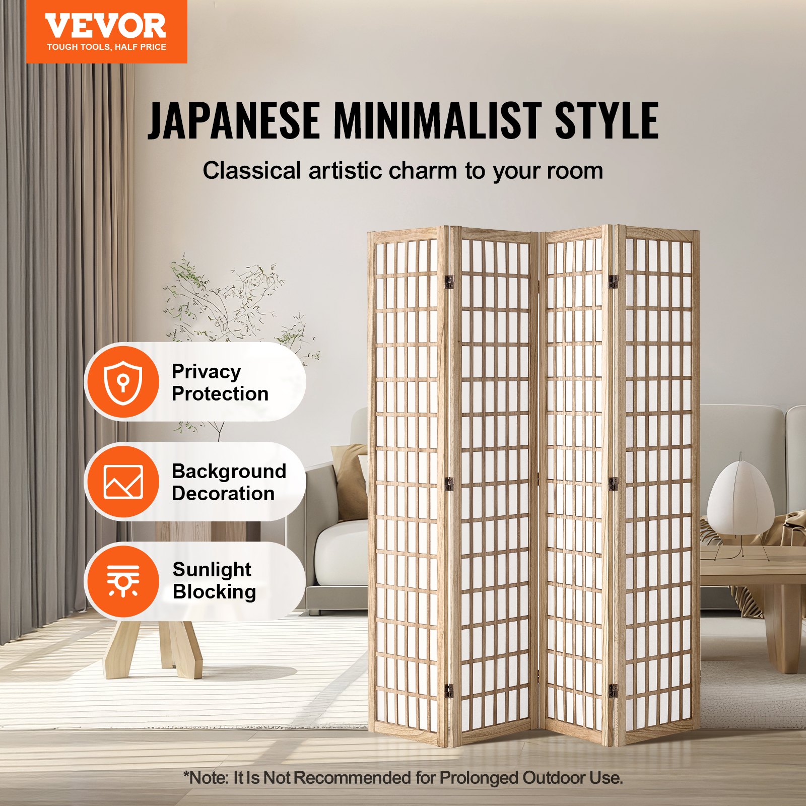 VEVOR 4-delige kamerschermset, Japans privacyscherm, opvouwbare scheidingswand, draagbaar decoratief scherm voor het afscheiden van ruimtes, geschikt voor kantoor, restaurant, slaapkamer (Natuurlijk)
