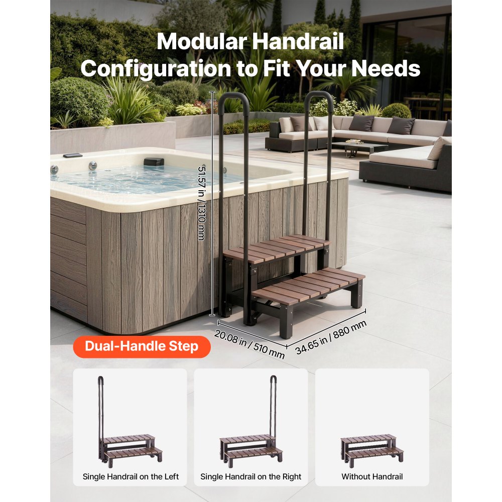 VEVOR Hot Tub Trap met leuningen, 2 treden, 82 cm breed, geschikt voor bovengrondse/opblaasbare zwembaden, campers, terrassen en veranda's, antislip stalen treden met HIPS-frame