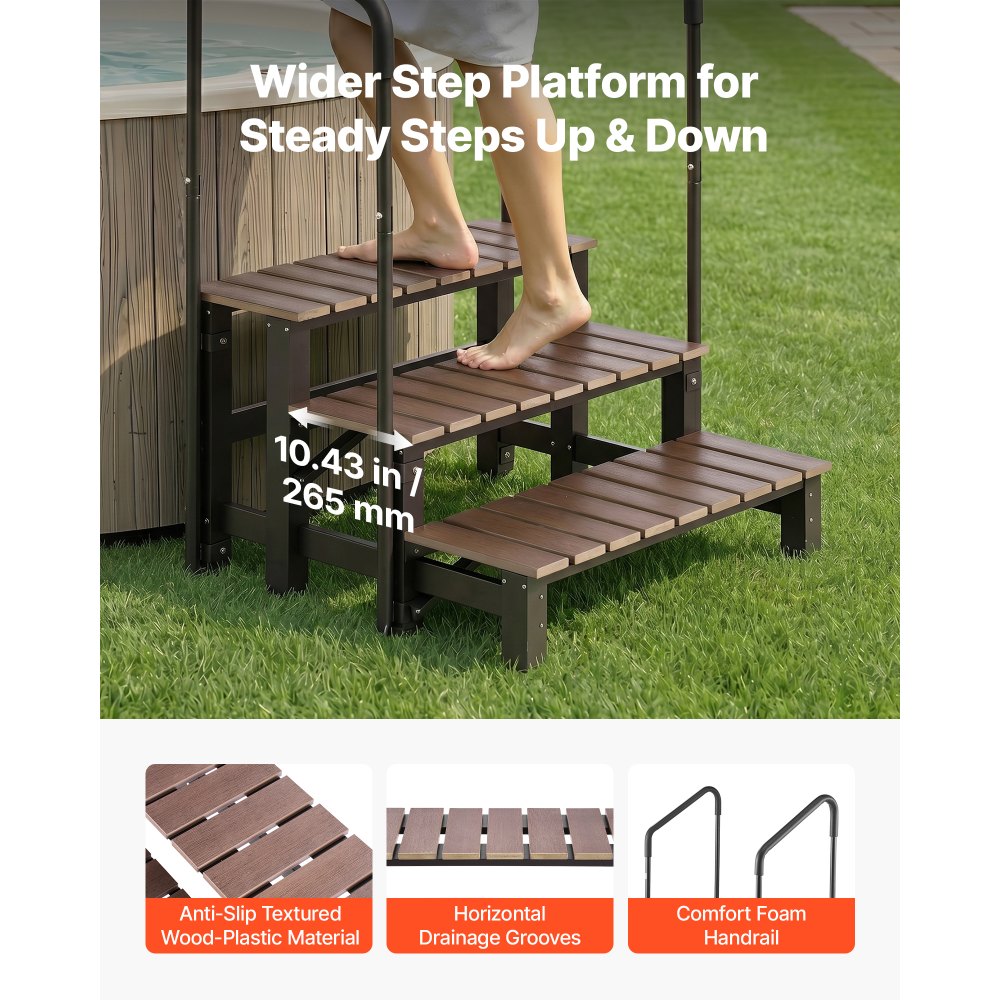VEVOR Hot Tub Trap met leuningen, 3 treden, 82 cm breed, geschikt voor bovengrondse/opblaasbare zwembaden, campers, terrassen en veranda's, antislip stalen treden met HIPS-frame