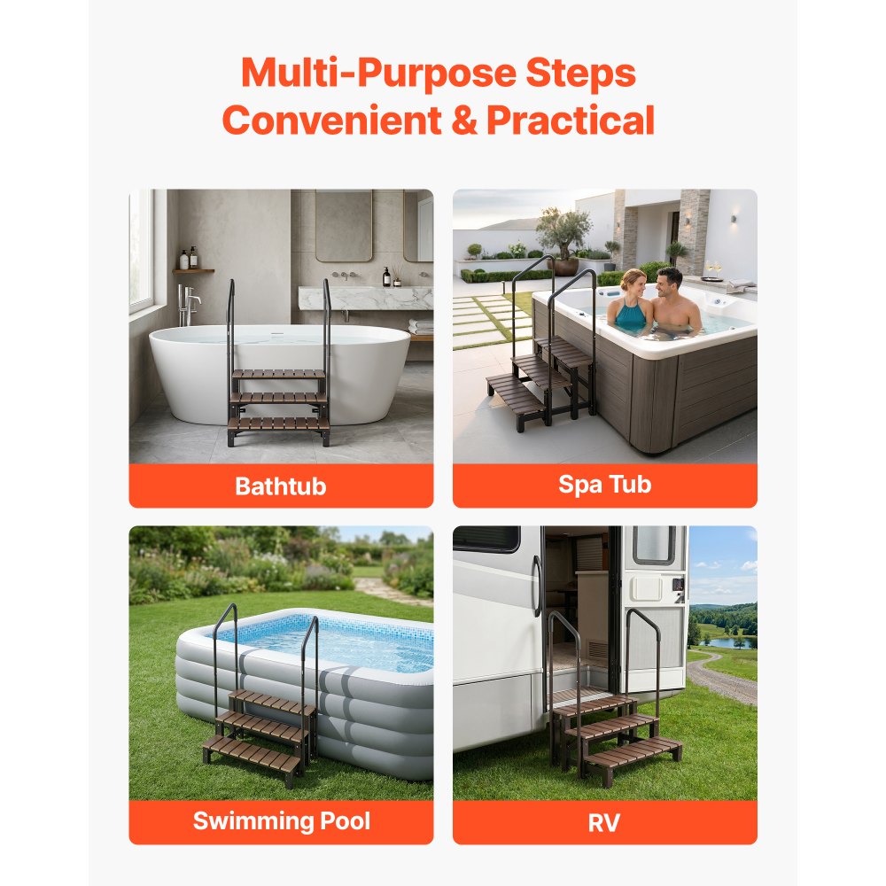 VEVOR Hot Tub Trap met leuningen, 3 treden, 82 cm breed, geschikt voor bovengrondse/opblaasbare zwembaden, campers, terrassen en veranda's, antislip stalen treden met HIPS-frame