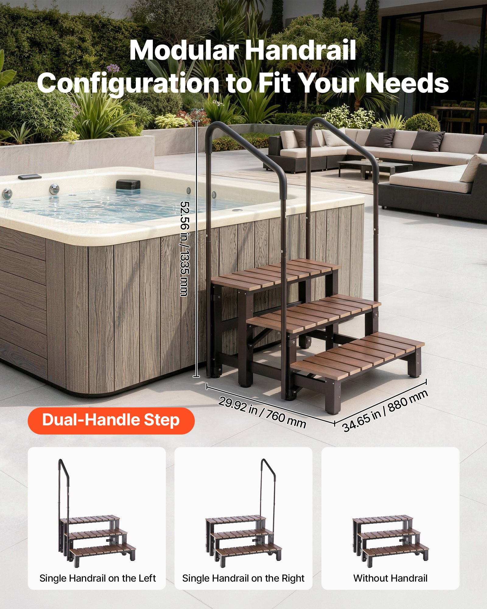 VEVOR Hot Tub Trap met leuningen, 3 treden, 82 cm breed, geschikt voor bovengrondse/opblaasbare zwembaden, campers, terrassen en veranda's, antislip stalen treden met HIPS-frame