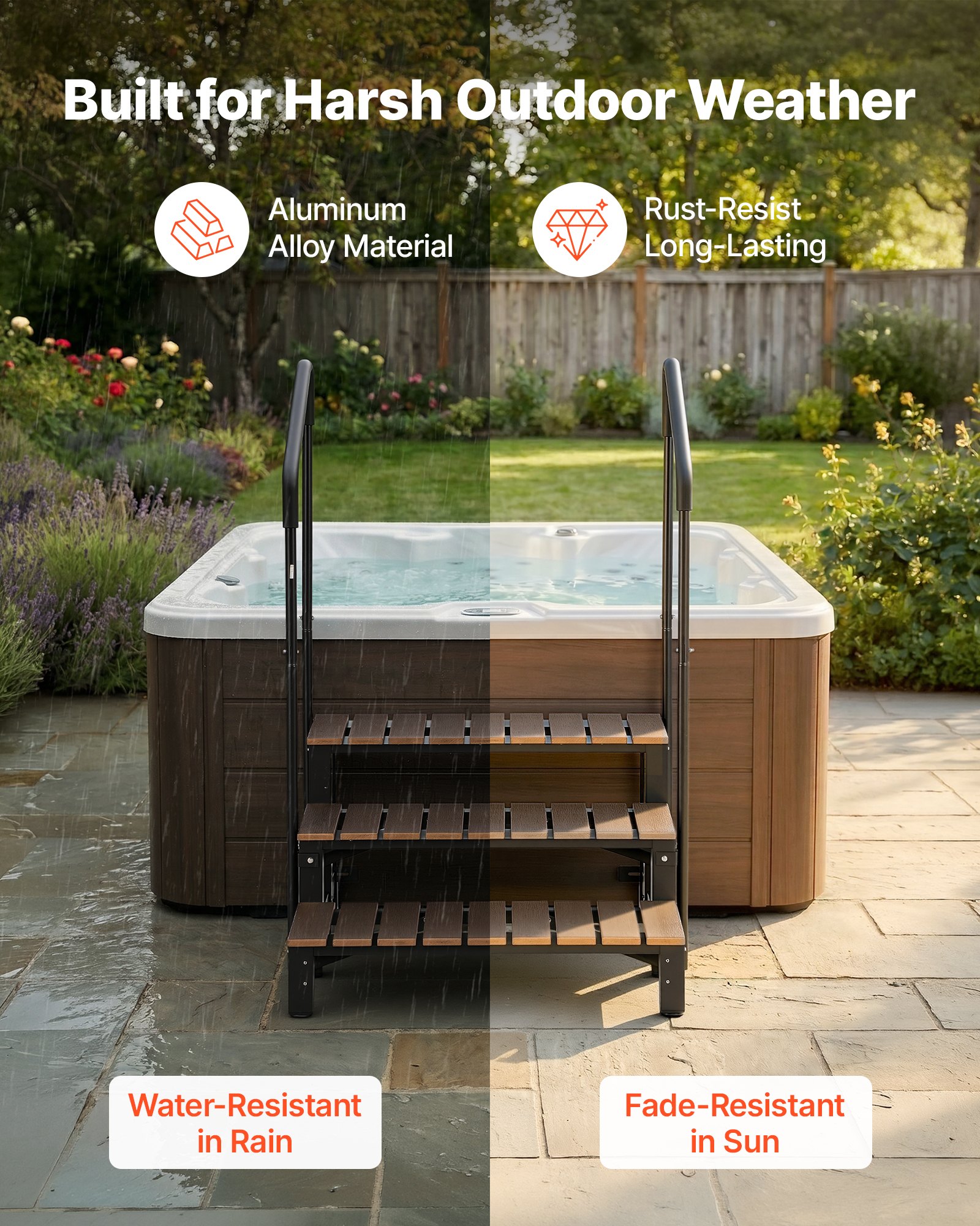 VEVOR Hot Tub Trap met leuningen, 3 treden, 82 cm breed, geschikt voor bovengrondse/opblaasbare zwembaden, campers, terrassen en veranda's, antislip stalen treden met HIPS-frame