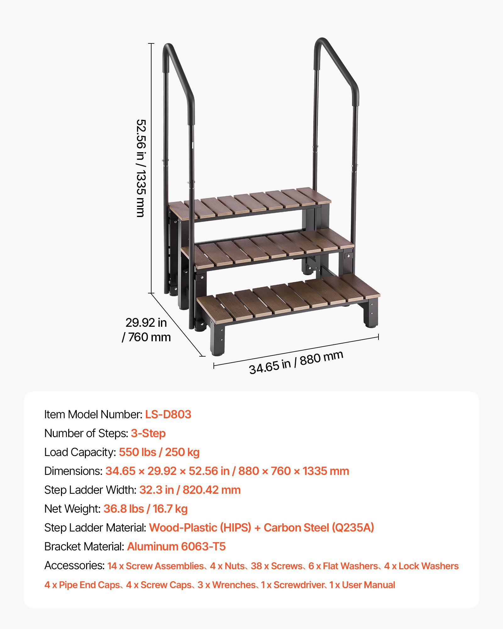 VEVOR Hot Tub Trap met leuningen, 3 treden, 82 cm breed, geschikt voor bovengrondse/opblaasbare zwembaden, campers, terrassen en veranda's, antislip stalen treden met HIPS-frame