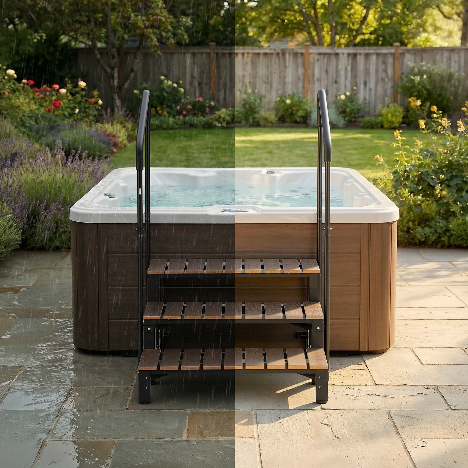 VEVOR Hot Tub Trap met leuningen, 3 treden, 82 cm breed, geschikt voor bovengrondse/opblaasbare zwembaden, campers, terrassen en veranda's, antislip stalen treden met HIPS-frame