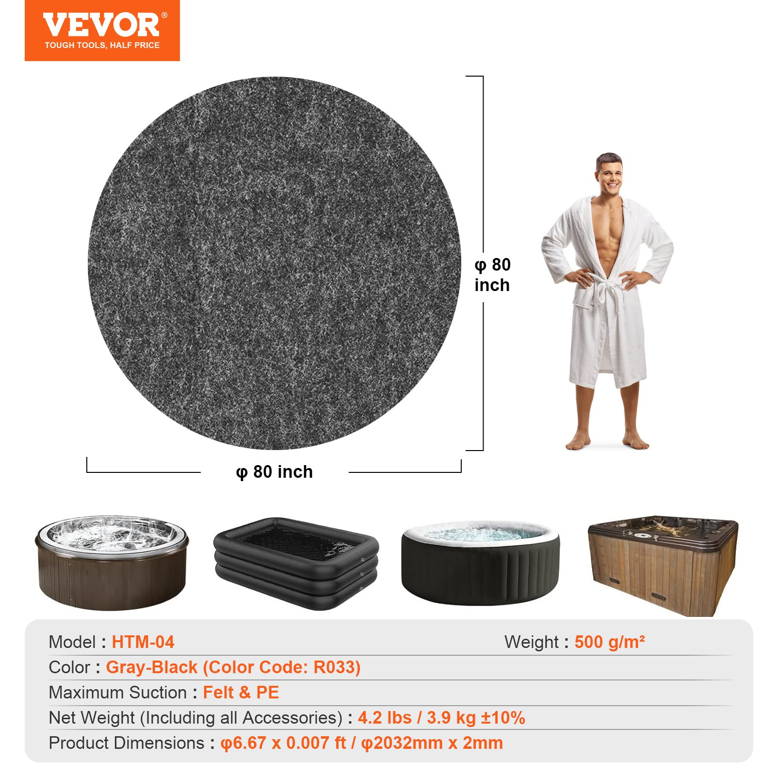VEVOR zwembadonderlegger 500 g/m² whirlpoolmat 2032 x 2 mm vloerzeil vilt & PE vloerbescherming ondervloermat beschermmat vloerplaat vloerbeschermingszeil zwembadtapijt viltmat vloermat