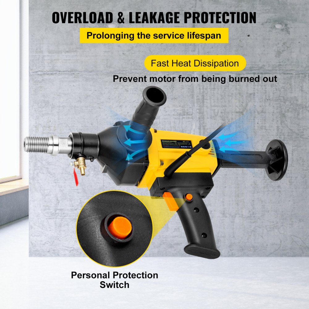 VEVOR 110mm Diamond Core Drilling Machine, 1880W Diamond Percussion Core Drill,Spindle Thread: 1-1/4 Inch /31.75 mm UNC, Wet & Dry Handheld Diamond Core Drill Heavy Duty for Diamond Concrete Drilling