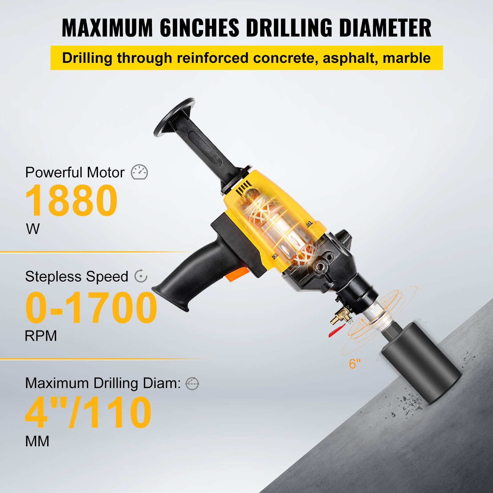 VEVOR 110mm Diamond Core Drilling Machine, 1880W Diamond Percussion Core Drill,Spindle Thread: 1-1/4 Inch /31.75 mm UNC, Wet & Dry Handheld Diamond Core Drill Heavy Duty for Diamond Concrete Drilling