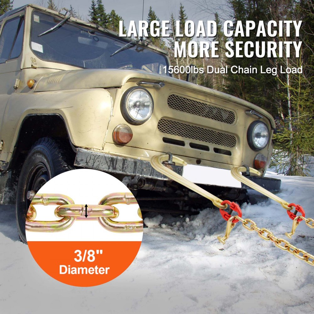 VEVOR G80 V-snaar sleepketting, 3/8 inch x 2 voet sleepketting met 15 inch J-haak, T-haak en grijphaak, zware transport sleepketting met een veilige werklast van 7800 lbs voor het bergen van platte vrachtwagens