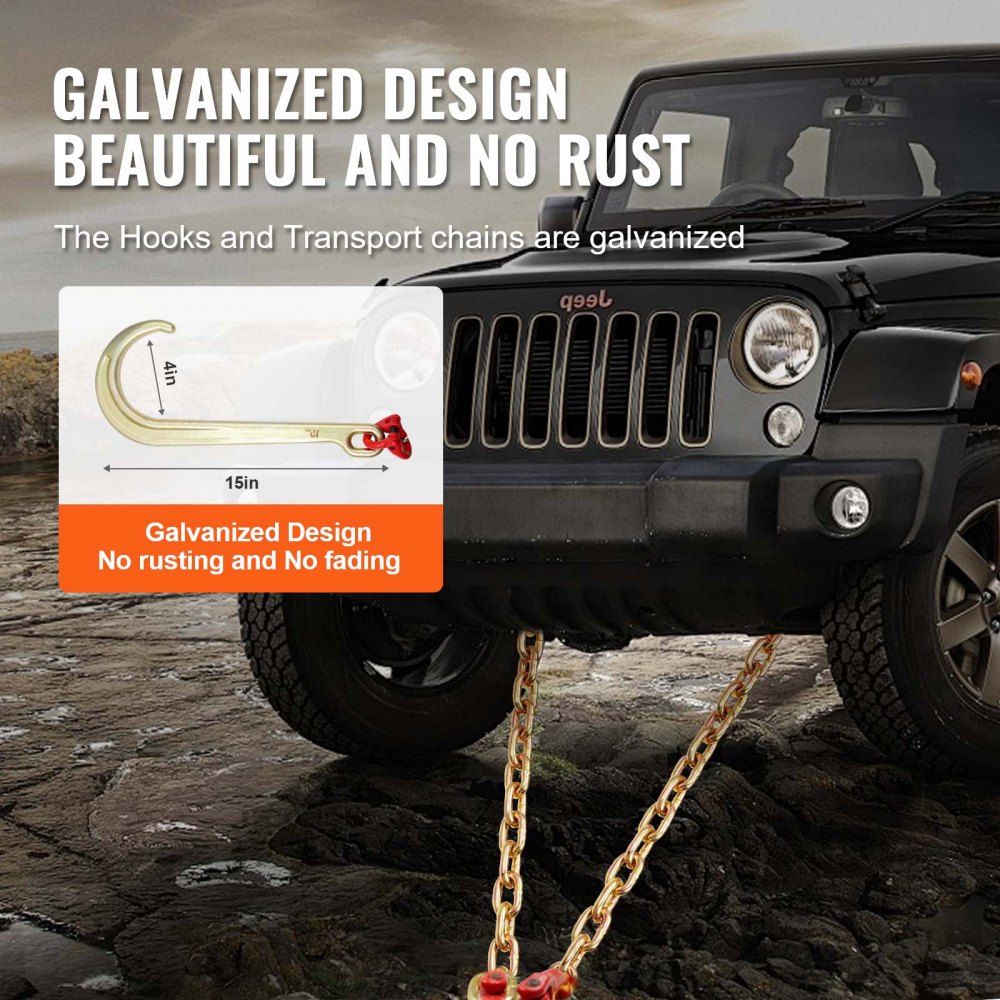 VEVOR G80 V-snaar sleepketting, 3/8 inch x 2 voet sleepketting met 15 inch J-haak, T-haak en grijphaak, zware transport sleepketting met een veilige werklast van 7800 lbs voor het bergen van platte vrachtwagens