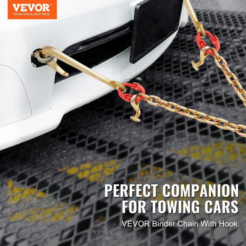 VEVOR G80 V-snaar sleepketting, 3/8 inch x 2 voet sleepketting met 15 inch J-haak, T-haak en grijphaak, zware transport sleepketting met een veilige werklast van 7800 lbs voor het bergen van platte vrachtwagens