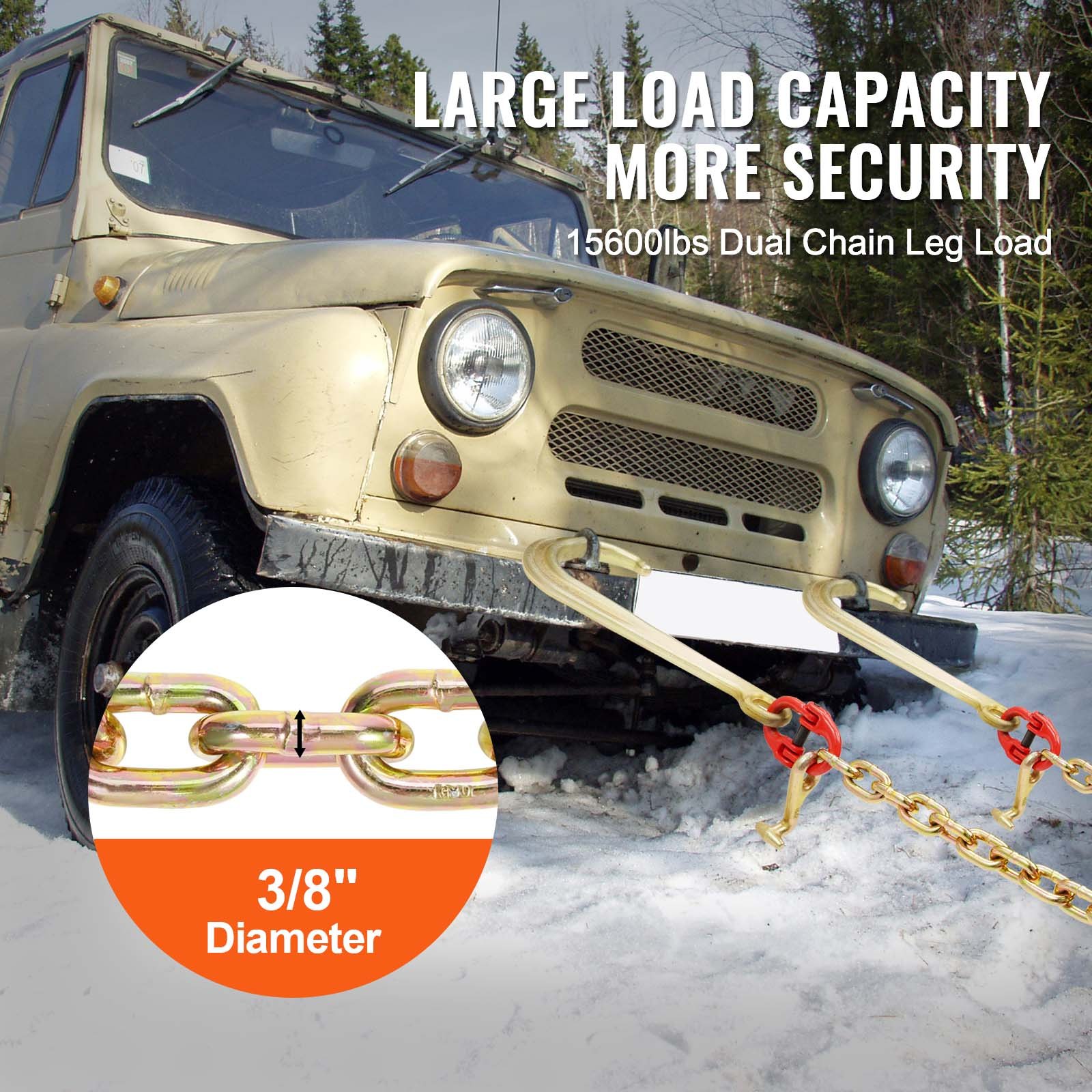 VEVOR G80 V-snaar sleepketting, 3/8 inch x 2 voet sleepketting met 15 inch J-haak, T-haak en grijphaak, zware transport sleepketting met een veilige werklast van 7800 lbs voor het bergen van platte vrachtwagens