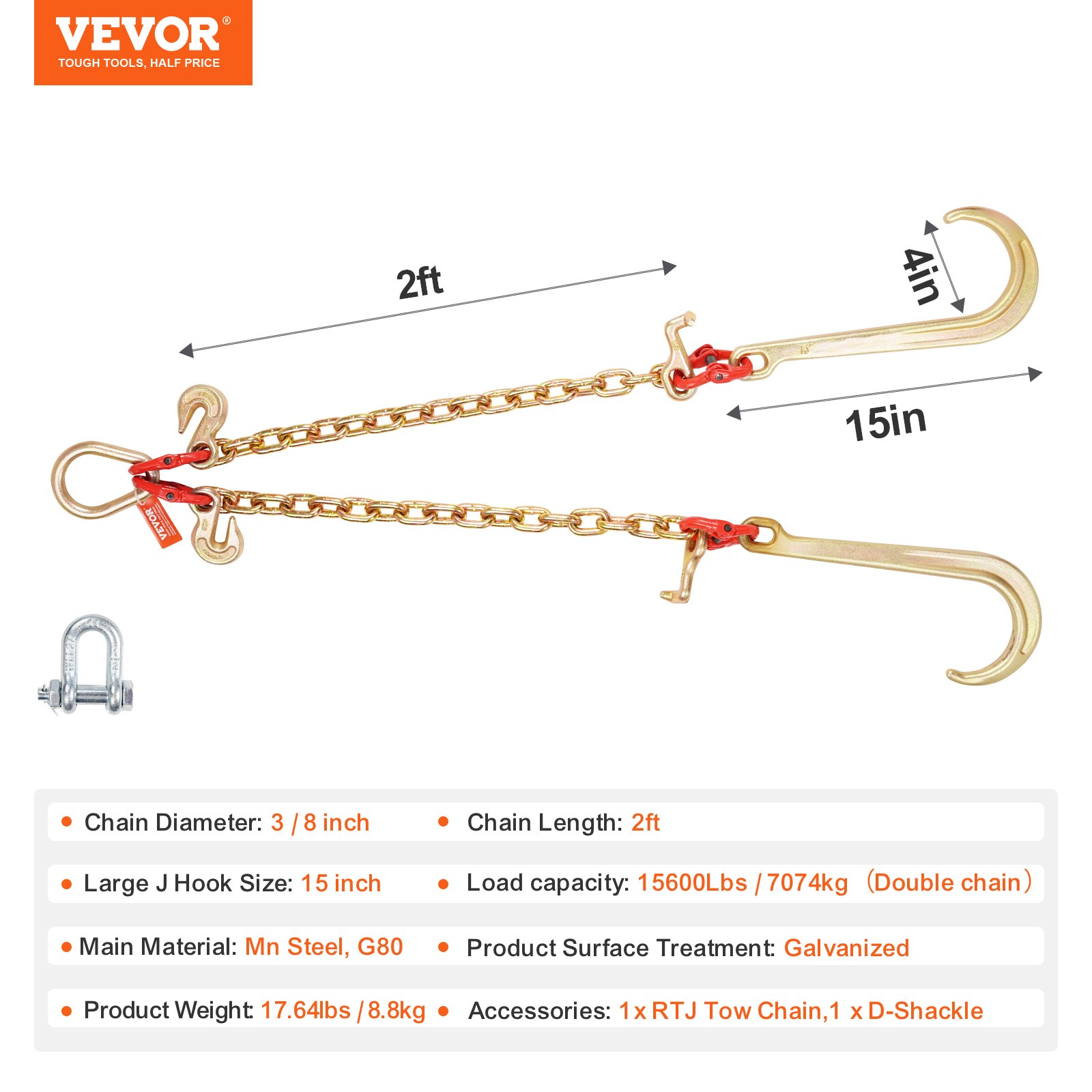 VEVOR G80 V-snaar sleepketting, 3/8 inch x 2 voet sleepketting met 15 inch J-haak, T-haak en grijphaak, zware transport sleepketting met een veilige werklast van 7800 lbs voor het bergen van platte vrachtwagens