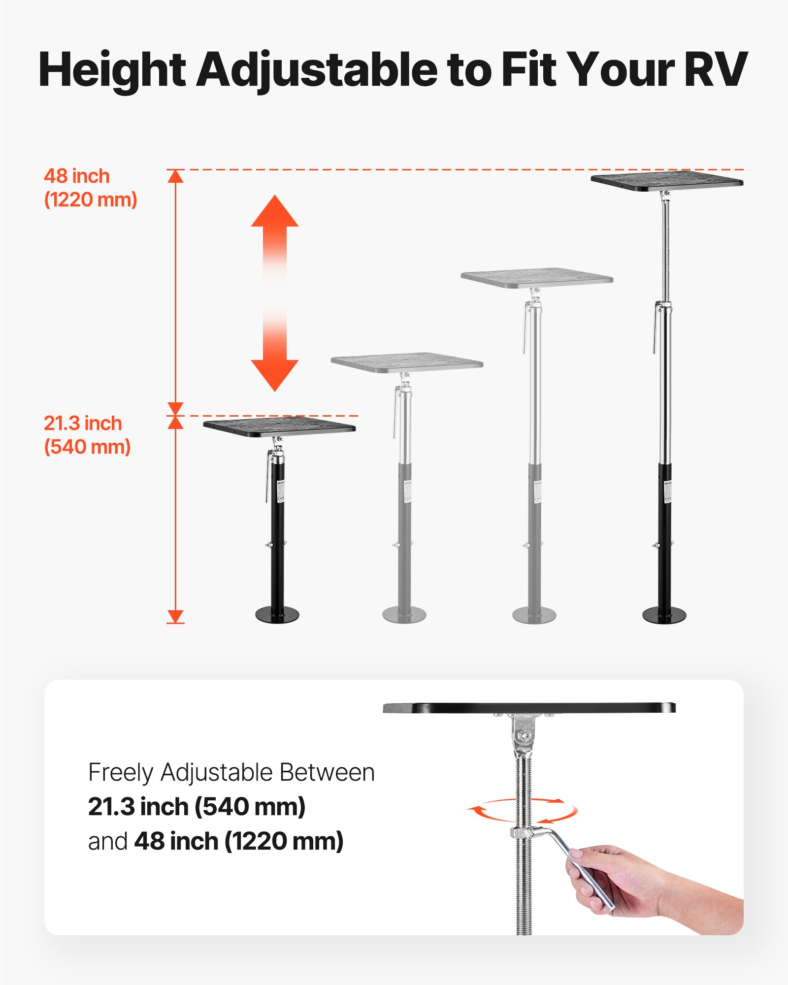 VEVOR RV-verlengstukken, 2 stuks, gepoedercoat stalen steunen voor campers, caravans en motorhomes, draagvermogen tot 453,59 kg, in hoogte verstelbaar 541,02-1219,2 mm, steunpoot