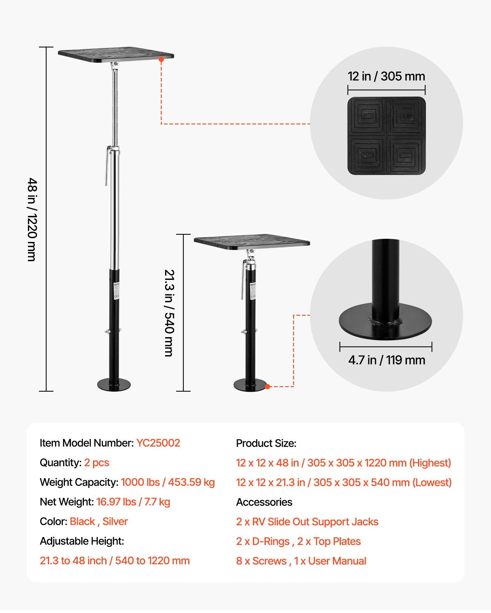 VEVOR RV-verlengstukken, 2 stuks, gepoedercoat stalen steunen voor campers, caravans en motorhomes, draagvermogen tot 453,59 kg, in hoogte verstelbaar 541,02-1219,2 mm, steunpoot