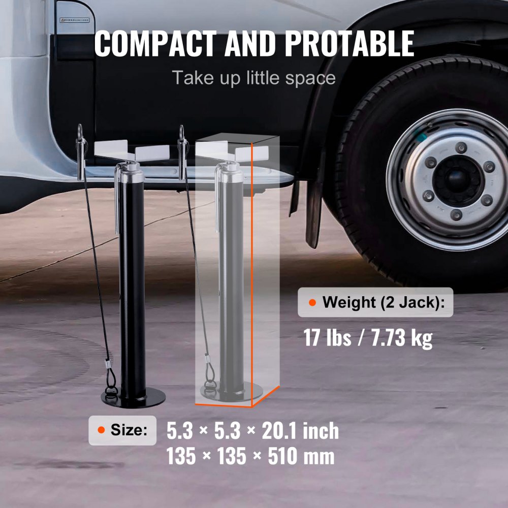 VEVOR 2-delige uitschuifbare steunset voor campers, 2,27 ton per stuk, in hoogte verstelbaar van 500–1230 mm, 2 mm dikke stalen buizen voor trailers, campers, enz. Zilverkleurige caravanaccessoires voor stabiliteit.